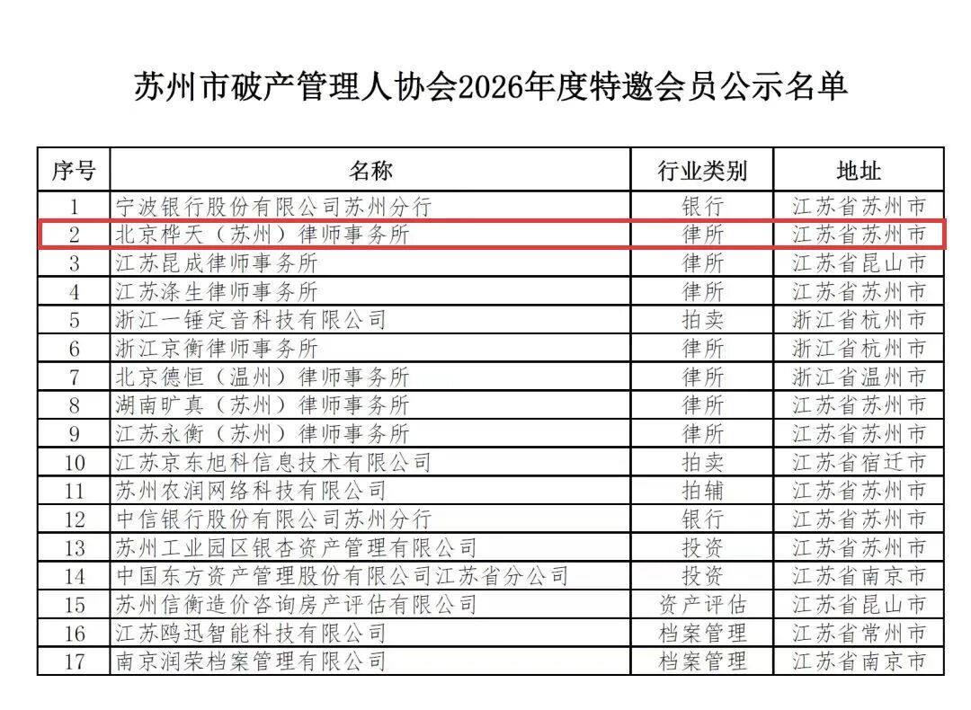 桦天苏州分所获准加入苏州市破产管理人协会